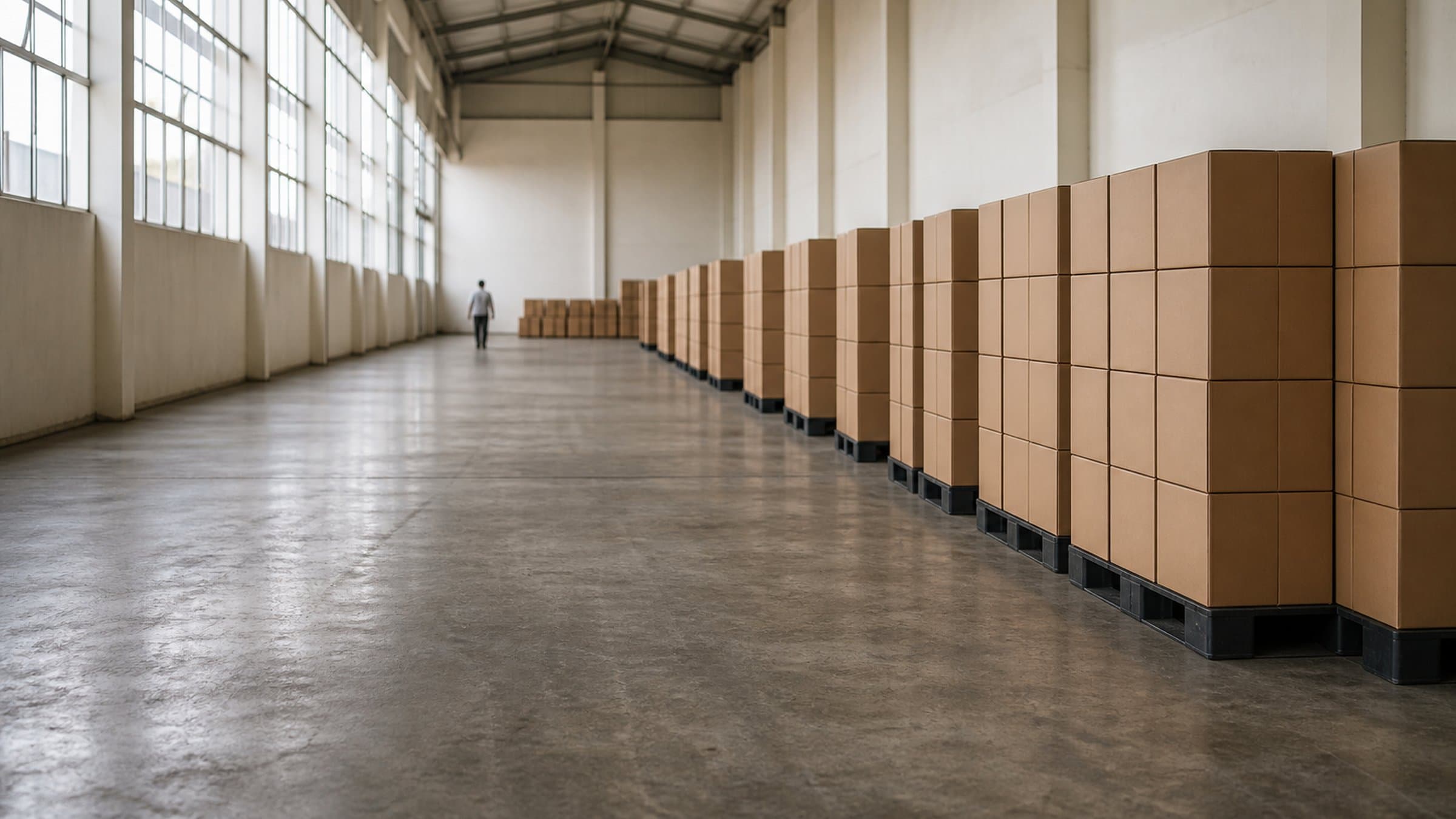 Rows of plain export cartons stacked on pallets in a clean, well-lit facility
