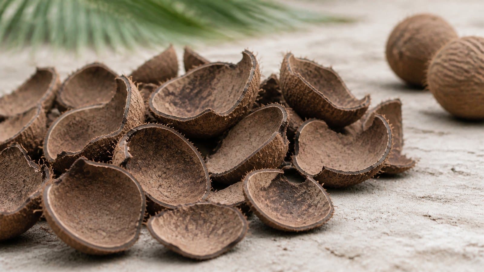 Coconut shell halves left over after the meat is removed, the raw material for our briquettes